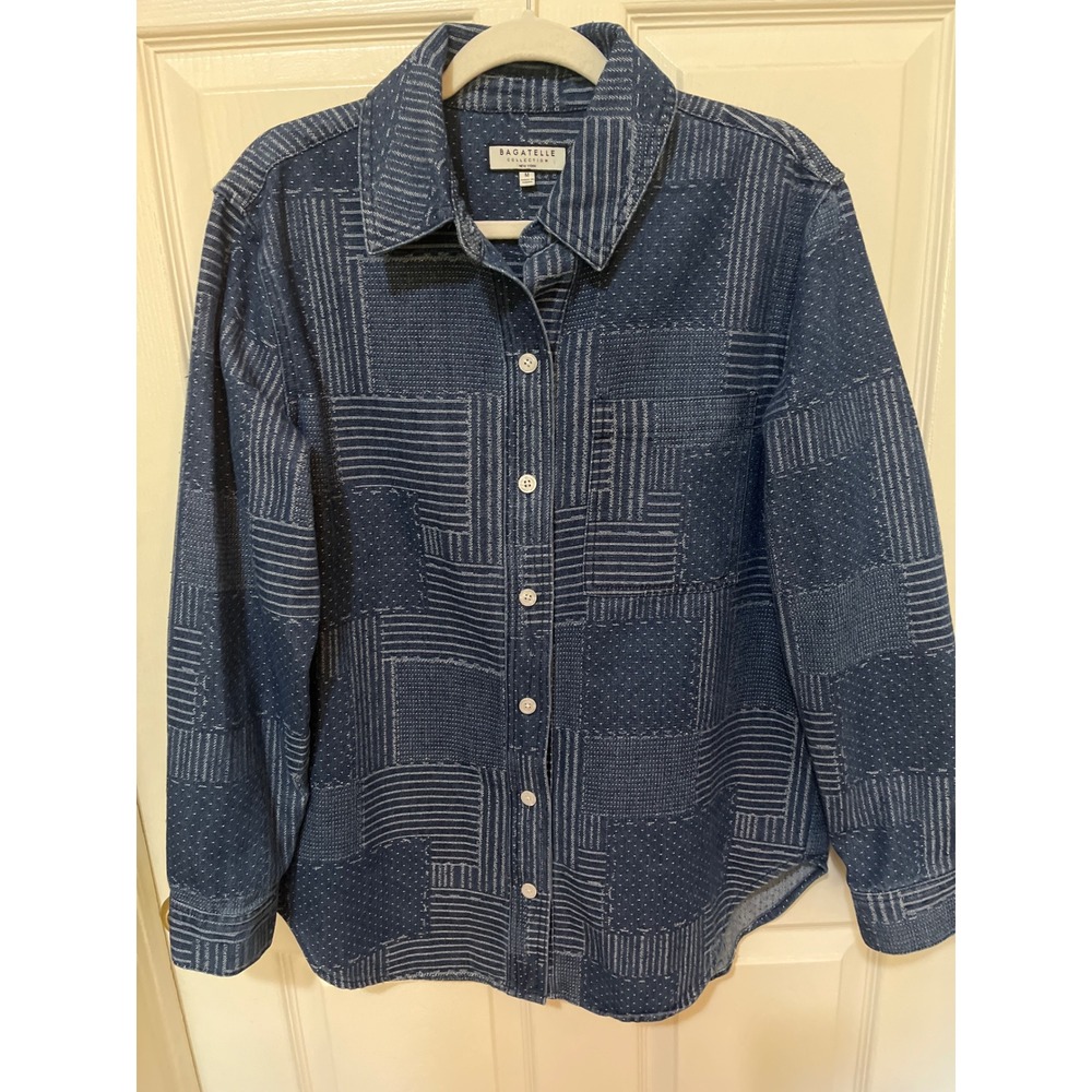 Bagatelle Shirt Womens Medium Blue Denim Patchwork Sashiko Cotton Button Down